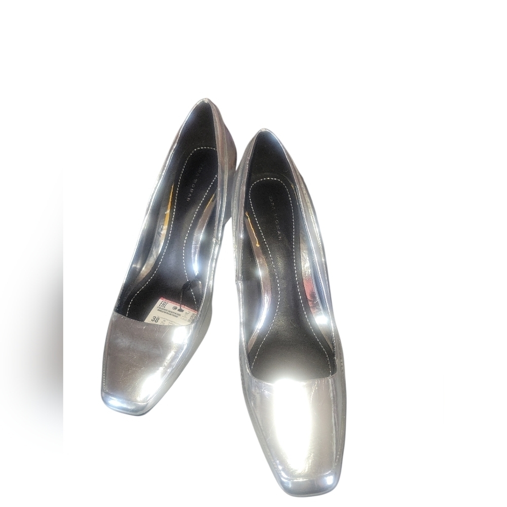 Zara Women's Silver Metallic Mirrored Chunky Heels Square Toes Sz EU 38 US 7 1/2